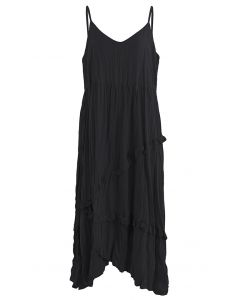 Ruched Frilly Asymmetric Hem Cami Dress in Black