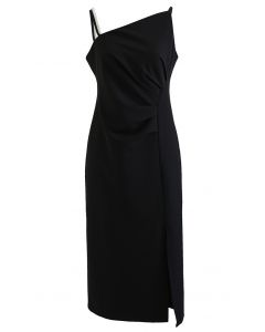 Oblique Neck Split Bodycon Black Dress