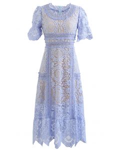 Floral Crochet Short-Sleeve Midi Dress in Blue