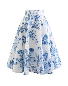 Blue Watercolor Peony Flare Midi Skirt