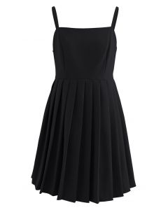 Glossy Pleated Hem Cami Dress in Black