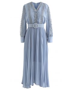 Crochet Trimmed Belted Pleated Chiffon Dress in Blue