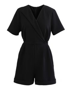 V-Neck Side Pockets Short-Sleeve Black Playsuit