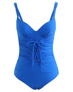Ruched Lace-Up Front Open Back Swimsuit in Blue