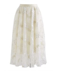 Divine Daisy Embroidered Mesh Tulle Skirt in Cream