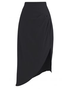 Side Ruched Asymmetric Pencil Skirt in Black