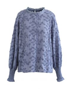3D Blossom Puff Sleeve Embroidered Cotton Top in Blue