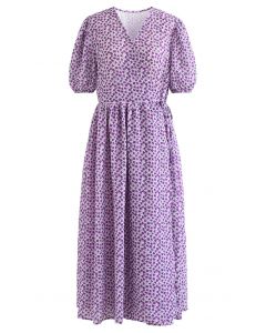Enthralling Floret Embossed Wrap Midi Dress in Purple