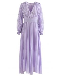 V-Neck Lace Spliced Pleated Maxi Dress in Lilac
