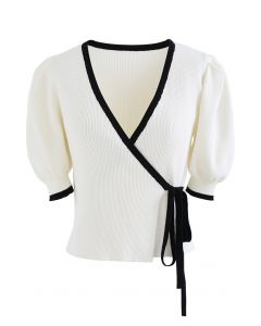 Puff Sleeve Tie-Waist Wrap Knit Top in White