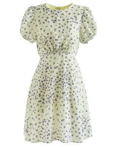 Posy Print Padded Shoulder Mini Dress in Lime