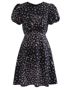Posy Print Padded Shoulder Mini Dress in Black