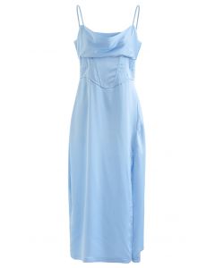 Cowl Neck Corset Waist Satin Cami Dress in Blue