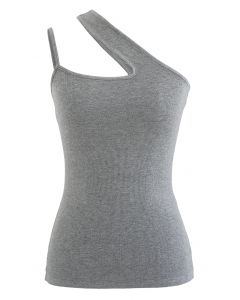 Asymmetric One-Shoulder Knit Tank Top in Grey