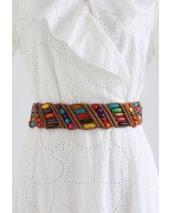 Colorful Wooden Bead Woven Belt in Brown