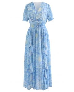 Starry Night Watercolor Ruffle Chiffon Maxi Dress