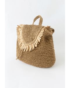 Fringed Trim Woven Straw Backpack in Caramel