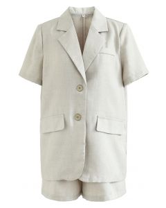 Pockets Padded Shoulder Textured Blazer and Shorts Set in Pea Green