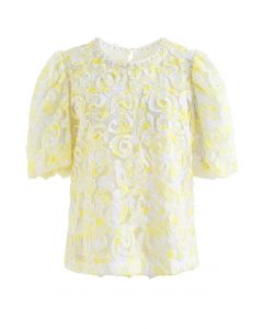 Pearly Neck Flower Mesh Top in Yellow