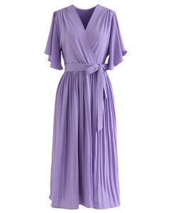 Faux Wrap Tie Waist Pleated Midi Dress in Lilac