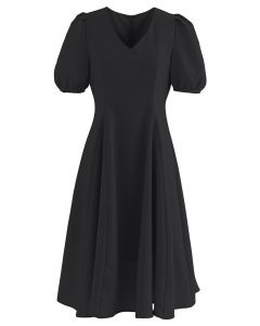 V-Neck Short Sleeve Panelled Midi Dress in Black