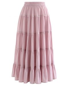 Scalloped Lace Pleated Frilling Midi Skirt in Pink