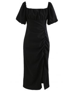 Self-Tie Bowknot Back Ruched Split Dress in Black