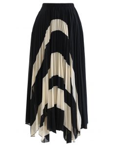 Color Block Asymmetric Pleated Skirt