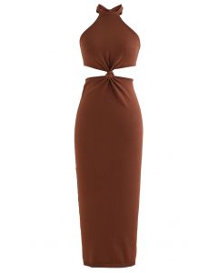 Knot Front Cut Out Waist Knit Midi Dress in Rust Red