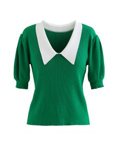 Contrast Collar Short Sleeve Knit Top in Green