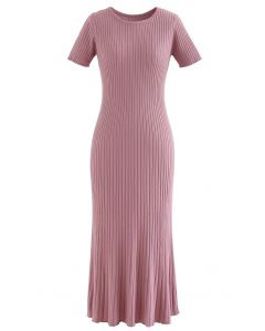 Crew Neck Short Sleeve Bodycon Knit Dress in Pink