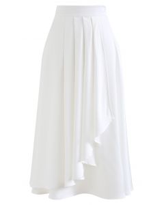 Flowy Satin Pleated Flap Midi Skirt in White