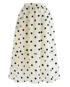 Black Polka Dot Sheer Midi Skirt in Cream