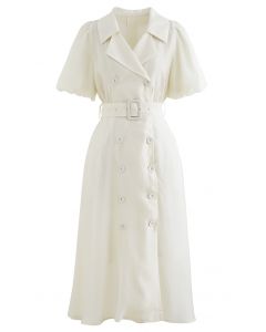 Double-Breasted Puff Sleeve Trench Dress in Cream