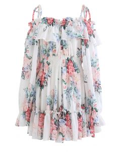 Flowery Ruffle Cold-Shoulder Chiffon Playsuit in White
