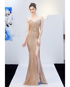 Split Side Sequined Wrap Cami Gown in Gold