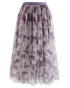 Butterfly Shadow Sequins Velvet Tulle Skirt in Purple