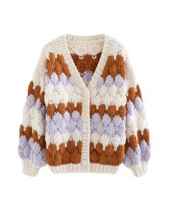 Color Blocked V-Neck Hand-Knit Chunky Cardigan in Cream