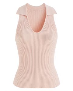 Turn-Down Collar Knit Tank Top in Pink