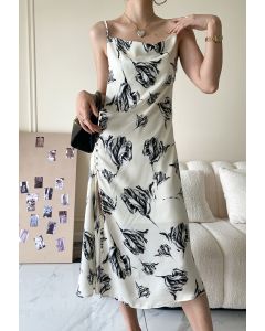 Floral Sketch Side Button Split Satin Dress in Ivory
