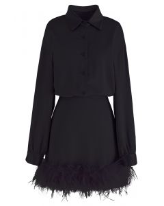 Ethereal Feather Long Sleeve Satin Dress in Black