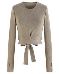 Self-Tie Bowknot Knit Crop Top in Taupe