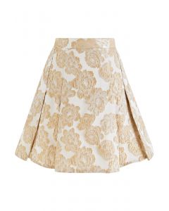 Peony Embossed Jacquard Flare Mini Skirt in Gold