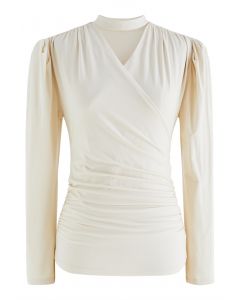 Choker Neck Ruched Front Long Sleeve Top in Cream