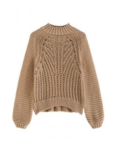 Exaggerated Ribbed High Neck Chunky Knit Crop Sweater in Tan