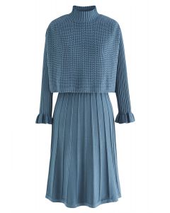 Mock Neck Pleated Knit Twinset Dress in Teal