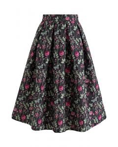 Lost in Rose Bush Jacquard Pleated Midi Skirt in Black
