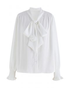 Rose Bowknot Embossed Shirt in White