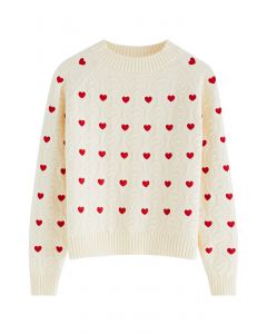Full of Hearts Embroidered Emboss Knit Crop Sweater in Light Yellow