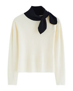 Contrast Tie-Knot Neck Knit Top in Cream